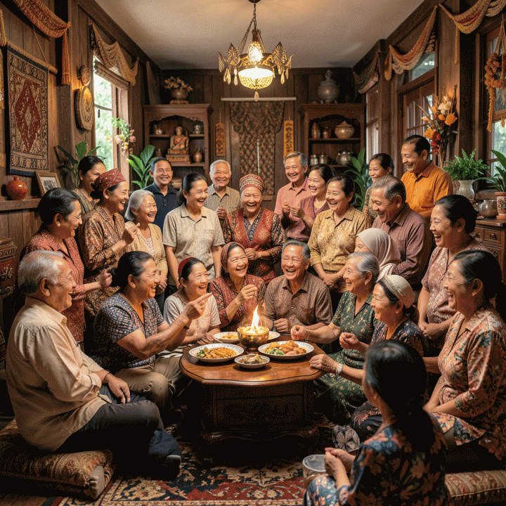 Keluarga besar Indonesia yang merayakan acara dengan tema silsilah, menunjukkan kehangatan dan ikatan antar generasi.