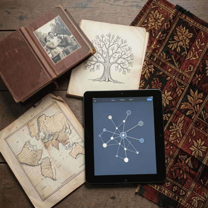 Komposisi flat lay simbolis yang menampilkan elemen-elemen sejarah keluarga, mulai dari album foto antik hingga tampilan digital pohon silsilah yang terstruktur.