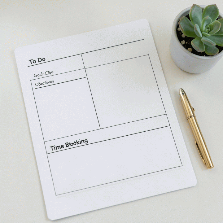 Template agenda harian PDF profesional yang terletak di meja kerja minimalis dengan tata letak terstruktur untuk tugas dan tujuan.