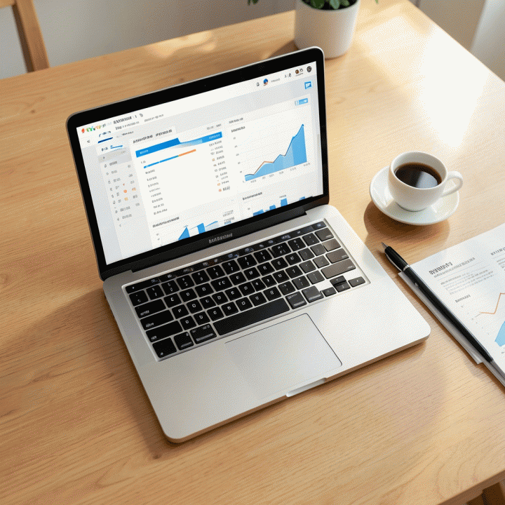 Desk with a laptop showing an organized financial spreadsheet and related office supplies, symbolizing financial management and productivity.