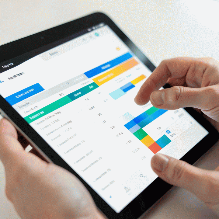 Hands interacting with a colorful spreadsheet template on a tablet to illustrate effective budget planning.