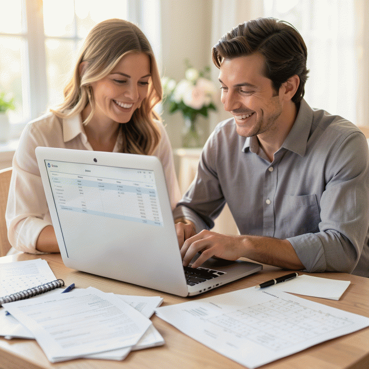 Pasangan bahagia mengelola anggaran pernikahan dengan spreadsheet dan dokumen perencanaan yang terorganisir.