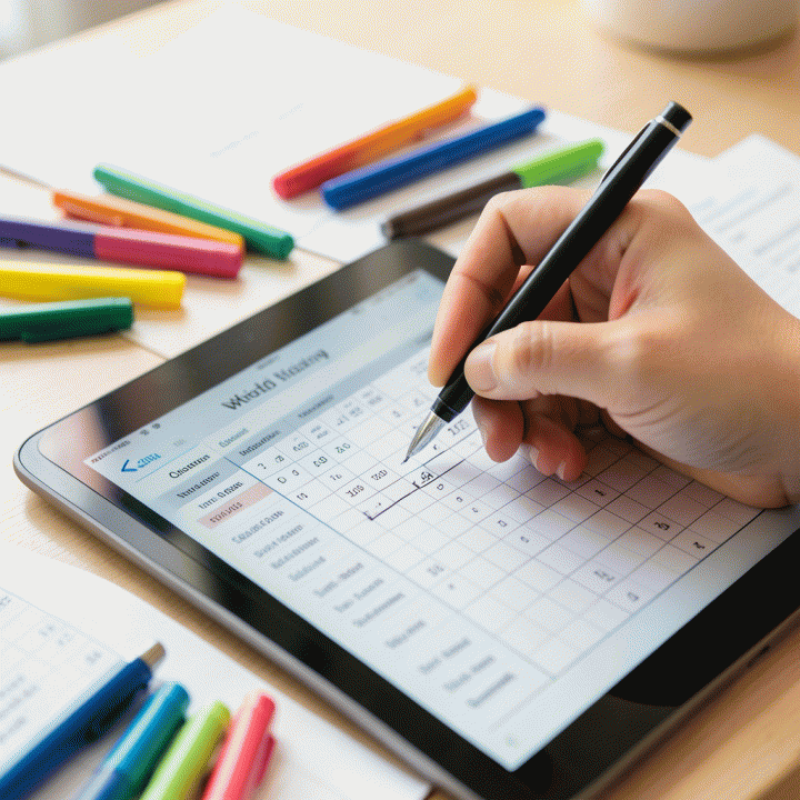 Tangan mengisi anggaran pernikahan pada spreadsheet tablet, menunjukkan pengelolaan biaya yang terorganisir.