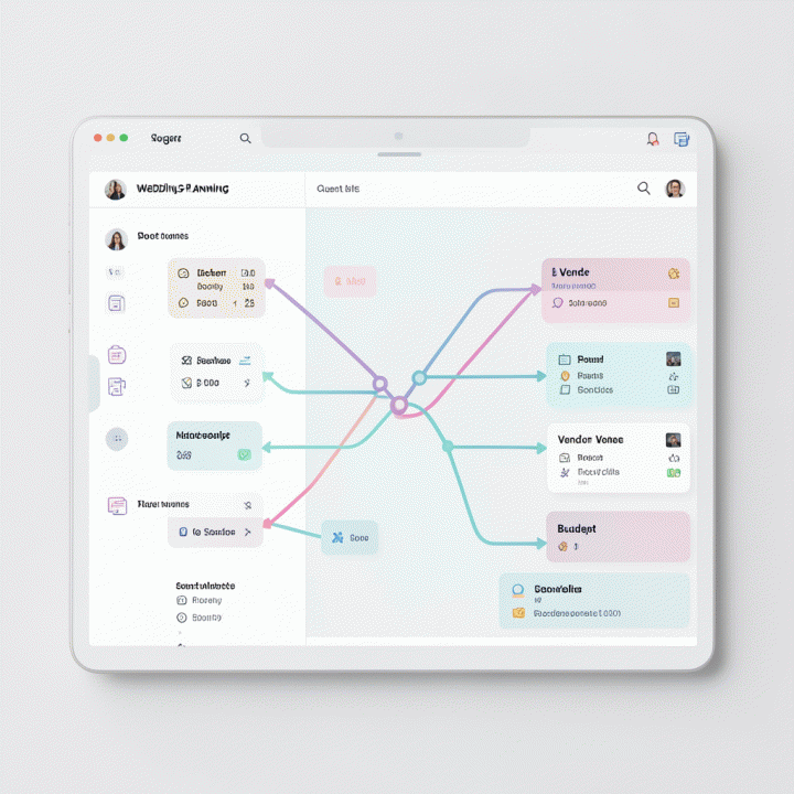 Tampilan dashboard digital yang terorganisir untuk koordinasi data tamu, jadwal vendor, dan alokasi anggaran pernikahan.