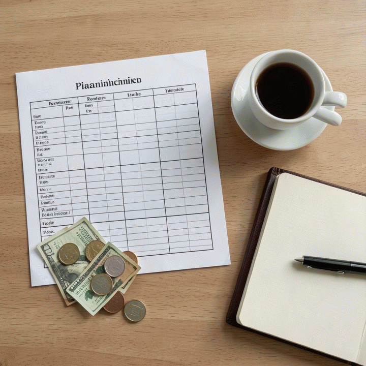Tampilan atas (flat lay) dari berbagai alat perencanaan keuangan seperti template anggaran, koin, dan jurnal, menunjukkan proses review keuangan yang terstruktur.