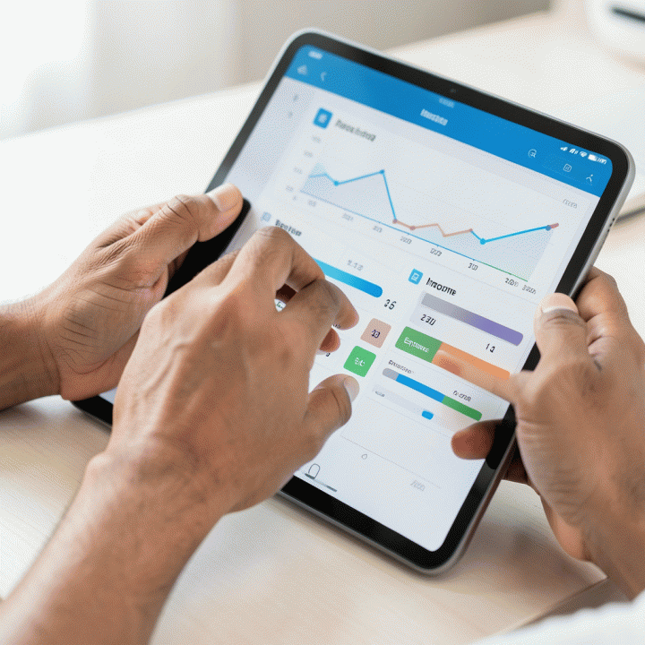 Tangan yang sedang menggunakan tablet untuk melacak pengeluaran dan pemasukan dalam aplikasi budgeting yang bersih dan terstruktur.
