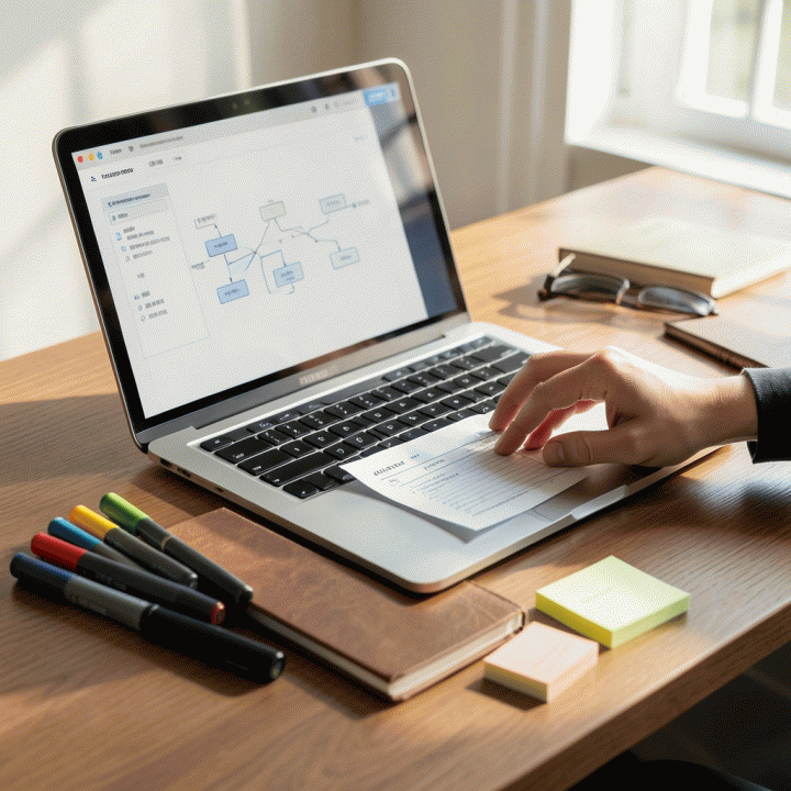 Meja kerja profesional yang rapi dengan laptop menampilkan alur kerja tugas dan tumpukan checklist terorganisasi, melambangkan manajemen waktu yang efektif.