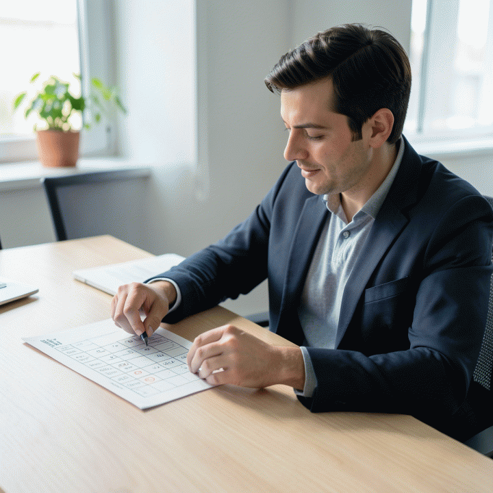 Seorang profesional sedang mencentang daftar tugas (checklist) pekerjaan harian di meja kantor yang modern dan rapi, menunjukkan rasa produktivitas.