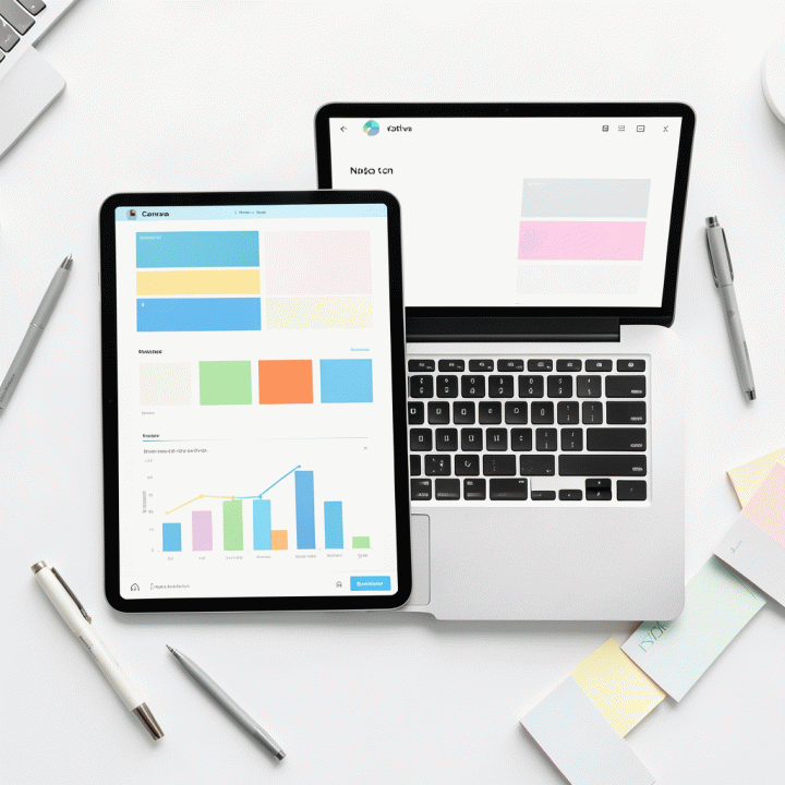 Pandangan dari atas yang menampilkan template daily planner digital di tablet dan laptop, menunjukkan tata letak abstrak tanpa teks terbaca, dikelilingi oleh alat tulis estetik.