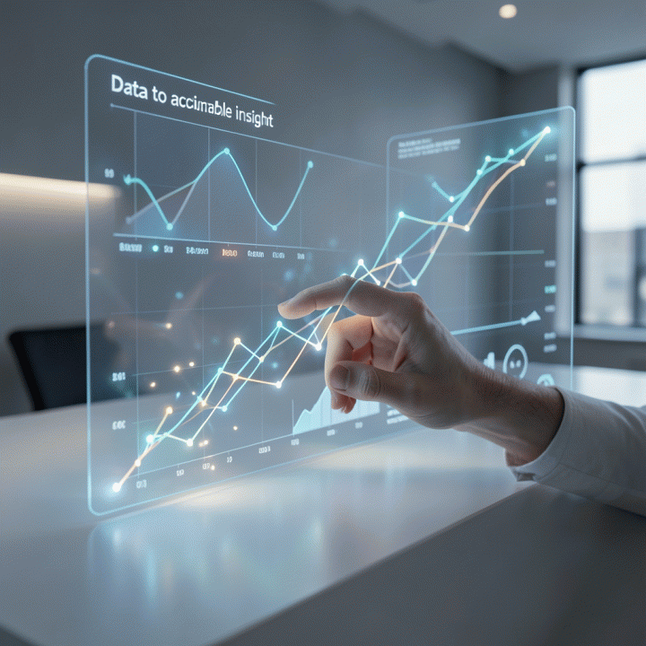 Visualisasi abstrak data yang berubah menjadi wawasan atau tindakan perbaikan di atas dashboard digital, menunjukkan proses analisis peningkatan kinerja.