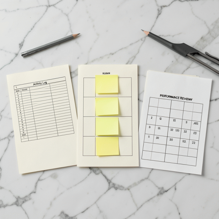Tiga model template fisik yang berbeda (aktivitas log, kanban, matriks KPI) diletakkan secara rapi di atas meja marmer untuk memvisualisasikan variasi alat evaluasi produktivitas.