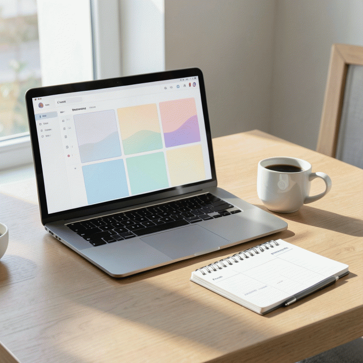Meja kerja minimalis dan modern dengan jurnal harian fokus (daily journal) dan laptop yang menampilkan antarmuka perencanaan digital yang rapi, melambangkan peningkatan produktivitas.