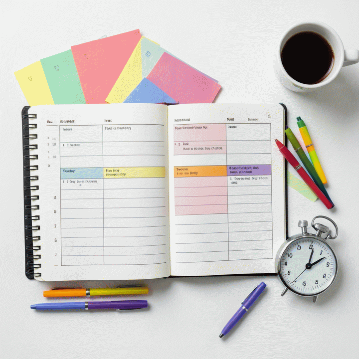 Flat lay berbagai alat produktivitas: jurnal planner yang terbuka, kartu tugas berwarna, pulpen rapi, dan stopwatch, menunjukkan persiapan untuk manajemen waktu harian yang terstruktur.