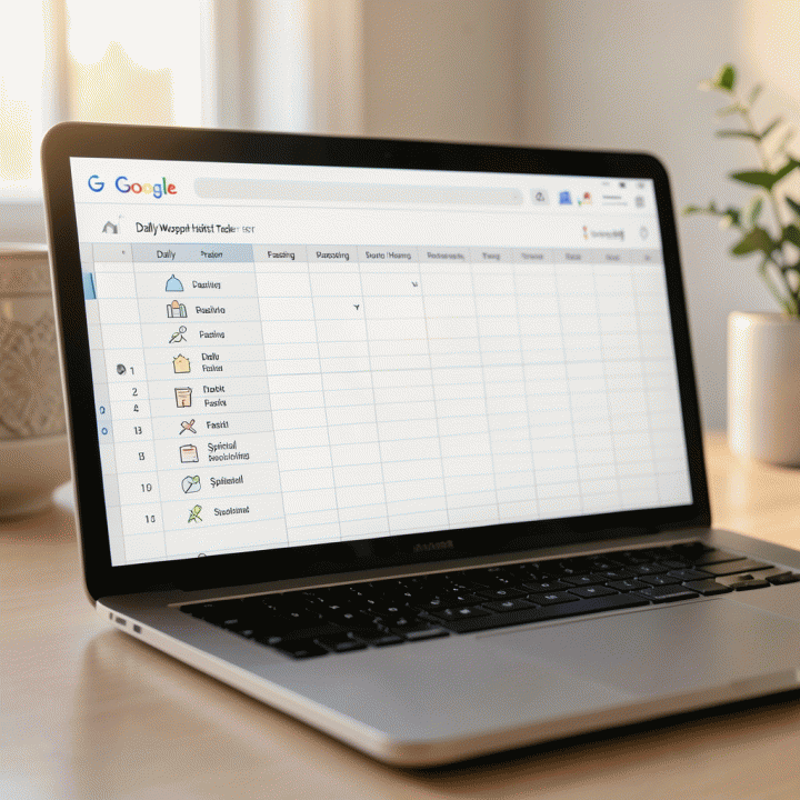 Close-up of a laptop screen showing a highly organized Google Sheets habit tracker template for daily worship and spiritual habits, emphasizing organization and planning.