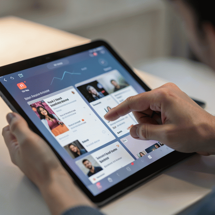 Hand interacting with an AI interface showing viral social media content templates.