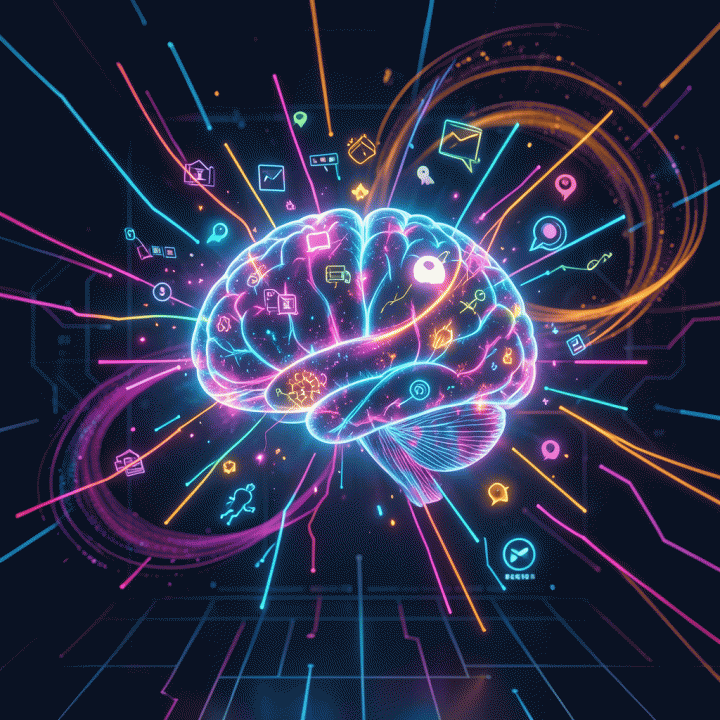 Digital AI brain generating viral video hooks and social media content templates for content creators.