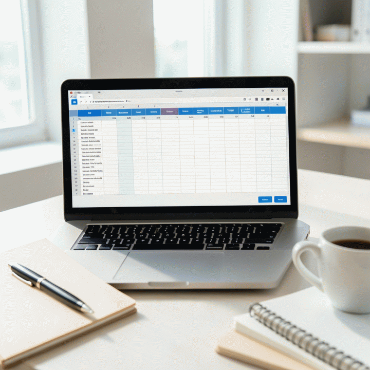 Laptop menampilkan template jadwal kerja profesional yang terstruktur rapi di Excel, menunjukkan visualisasi manajemen waktu yang efisien pada meja kerja modern.