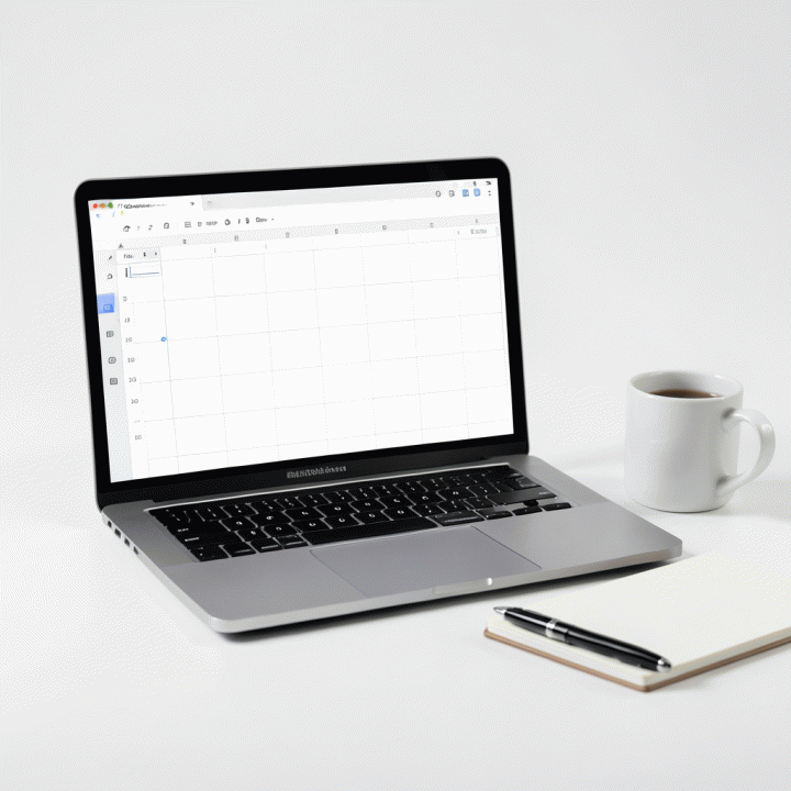 Meja kerja minimalis dengan latar belakang terang yang menampilkan laptop dengan spreadsheet penjadwalan harian Google Sheets yang rapi dan profesional, dikelilingi oleh alat-alat produktivitas lainnya.