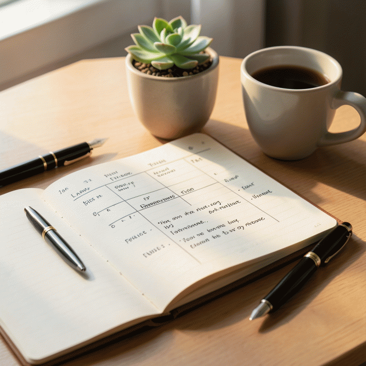 Meja kerja yang rapi dengan planner terbuka, menunjukkan teknik time blocking dan perencanaan tugas harian yang terstruktur, menciptakan suasana fokus produktif.