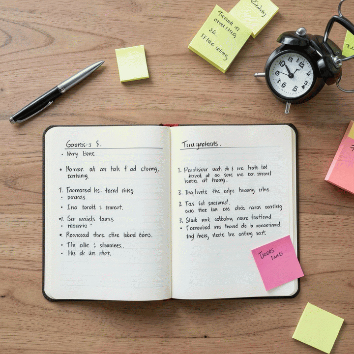Pandangan datar atas meja kayu berisi berbagai alat produktivitas: buku catatan dengan tujuan yang ditulis tangan, sticky notes berwarna untuk memprioritaskan tugas, dan pen set, menunjukkan fase pengaturan tujuan.