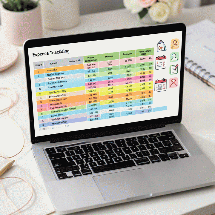 Overhead view of a laptop screen showing a detailed, color-coded spreadsheet for wedding vendor expense tracking, emphasizing financial organization.