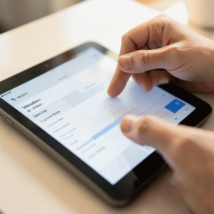 Hands inputting data into a spreadsheet on a tablet for budget tracking.