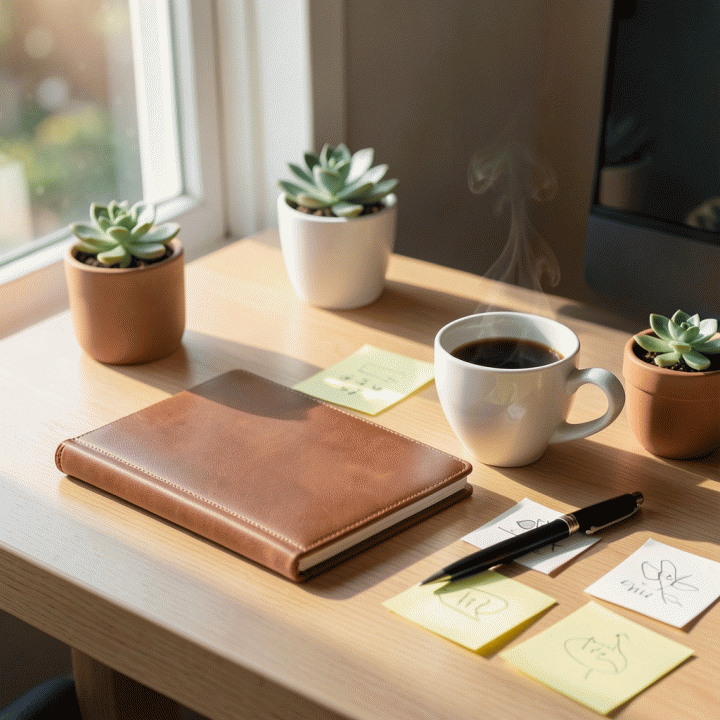 Meja kerja yang terorganisir dengan daily planner minimalis dan peralatan tulis mewah di bawah cahaya pagi hari, melambangkan perencanaan hidup yang produktif.