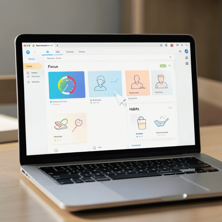 Tampilan digital dashboard perencanaan yang modern dan abstrak di layar laptop, menunjukkan tata letak tugas harian tanpa teks terbaca.