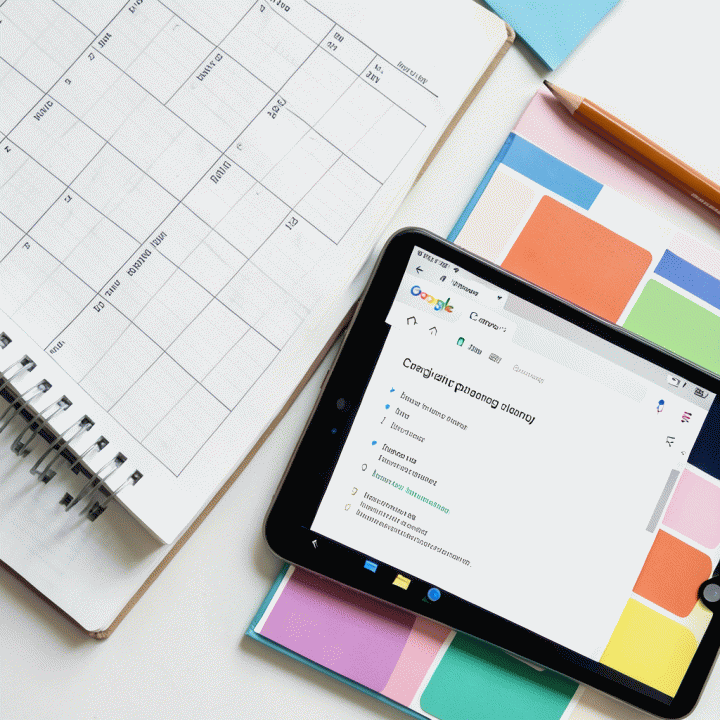 Tampilan flat lay alat perencanaan: buku catatan mingguan, layar digital Google Docs, dan mockup Canva yang tertata rapi dengan pencahayaan alami.