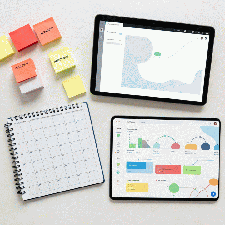 Pandangan atas (flat lay) meja kerja yang terorganisir menampilkan perencanaan mingguan dan tugas-tugas berwarna, melambangkan sistem prioritas pekerjaan.
