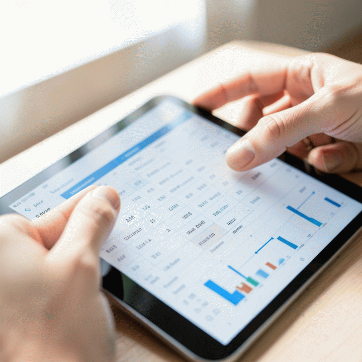 Tangan mengetik data anggaran ke spreadsheet digital dengan kategori dan grafik keuangan yang terorganisir.