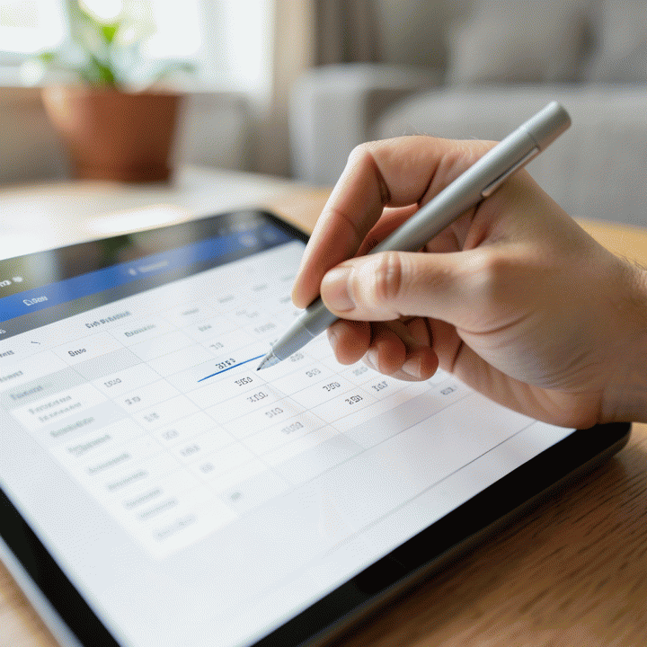 Tangan yang menggunakan pena digital untuk menandai item anggaran dalam antarmuka spreadsheet yang bersih di tablet.