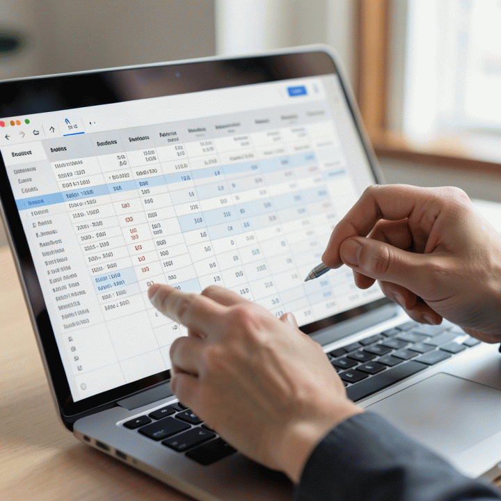 Tangan yang terorganisir sedang memasukkan data anggaran ke dalam template spreadsheet di layar laptop.