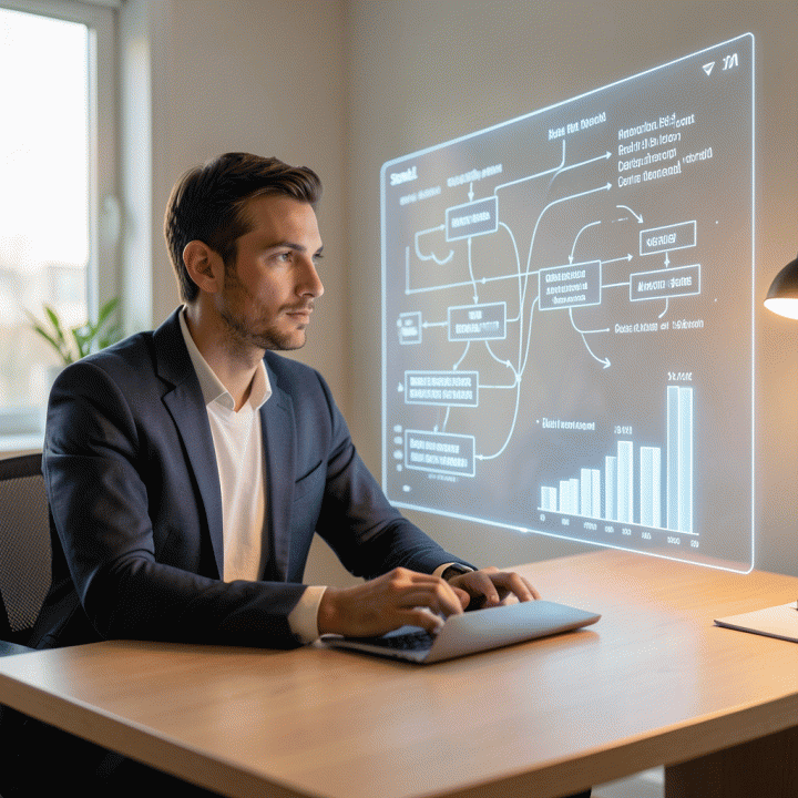 A person studying holographic data visualizations of debt repayment strategies to achieve financial freedom.