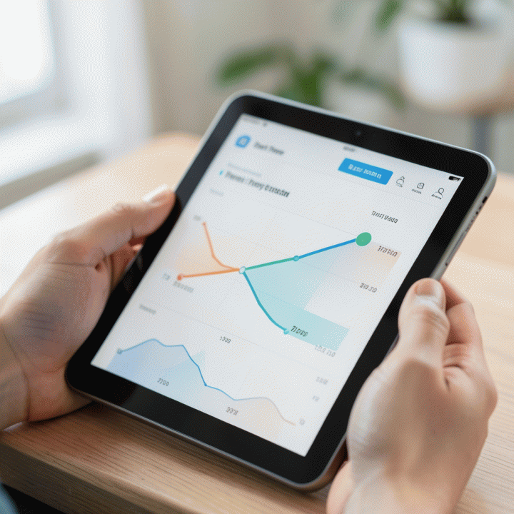 Hands interacting with a digital dashboard showing a debt payoff timeline towards financial freedom.