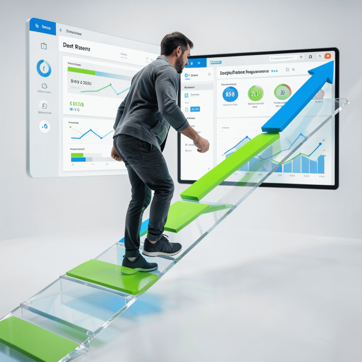 Visualisasi jalur kenaikan utang yang terorganisir, menunjukkan kemajuan pelunasan utang dengan dashboard keuangan yang bersih dan terstruktur.