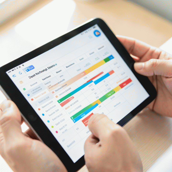 Tangan menggunakan tablet untuk melacak utang secara visual dalam spreadsheet.