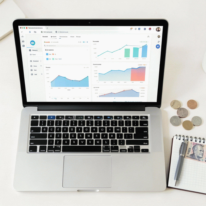 Tampilan datar (flat lay) dari lembar kerja keuangan digital di laptop dengan grafik anggaran bulanan yang terstruktur, diletakkan bersama alat tulis modern.