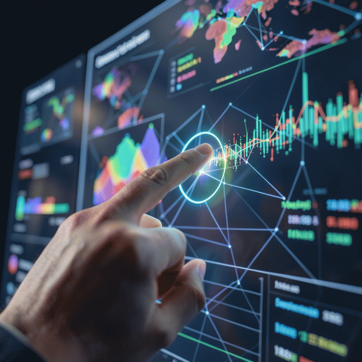 Tangan yang menunjuk pada titik data spesifik pada layar futuristik, menunjukkan celah kompetitif yang menguntungkan.