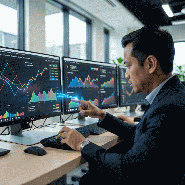 Seorang profesional pemasaran digital yang fokus menganalisis data visualisasi kompleks di banyak monitor, menemukan insight kompetitif yang menghasilkan strategi bisnis yang berhasil.