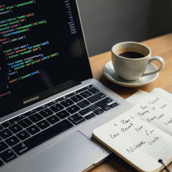Tampilan laptop dan alat kerja seorang analis pasar, menampilkan data dan catatan untuk menemukan titik kesulitan (pain points) pelanggan.