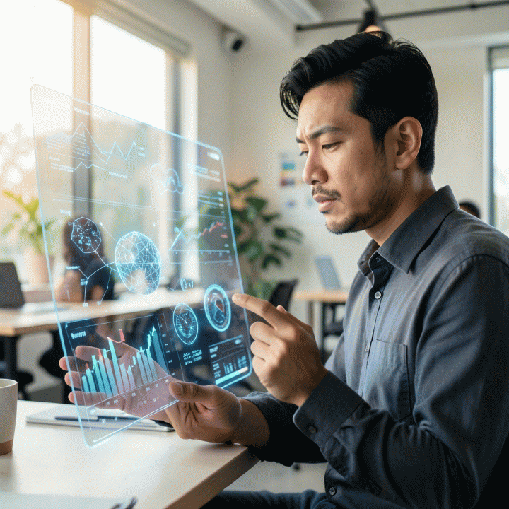 Seorang founder muda Indonesia di co-working space modern yang sedang menganalisis data pasar kompleks pada antarmuka holografik AI, melambangkan penemuan niche bisnis.