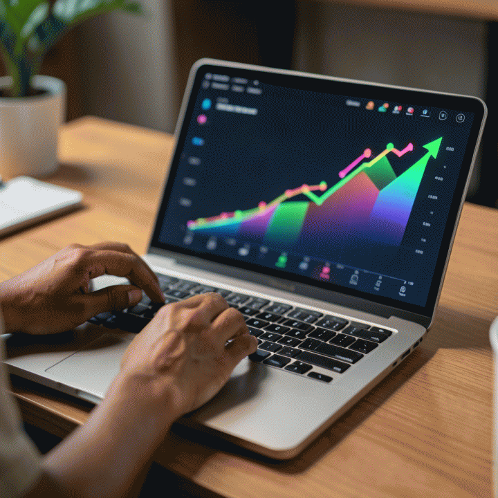 Tangan menganalisis data tren dan komisi tinggi di laptop dan tablet, menunjukkan proses riset produk affiliate.