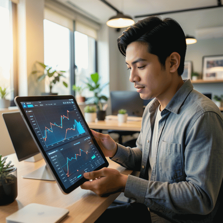 Seorang penjual e-commerce Indonesia yang sukses melihat data analitik profit tinggi di tablet, melambangkan peluang bisnis online yang menjanjikan.