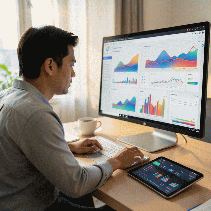 Seorang pria Indonesia muda yang profesional menganalisis data tren e-commerce dan penjualan di monitor besar yang modern dan futuristik, menunjukkan potensi bisnis dan analitik data.