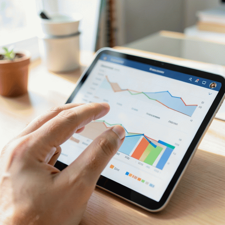 Tangan yang sedang menelusuri data analitik tren e-commerce di tablet, menunjukkan penemuan produk dengan komisi tinggi.