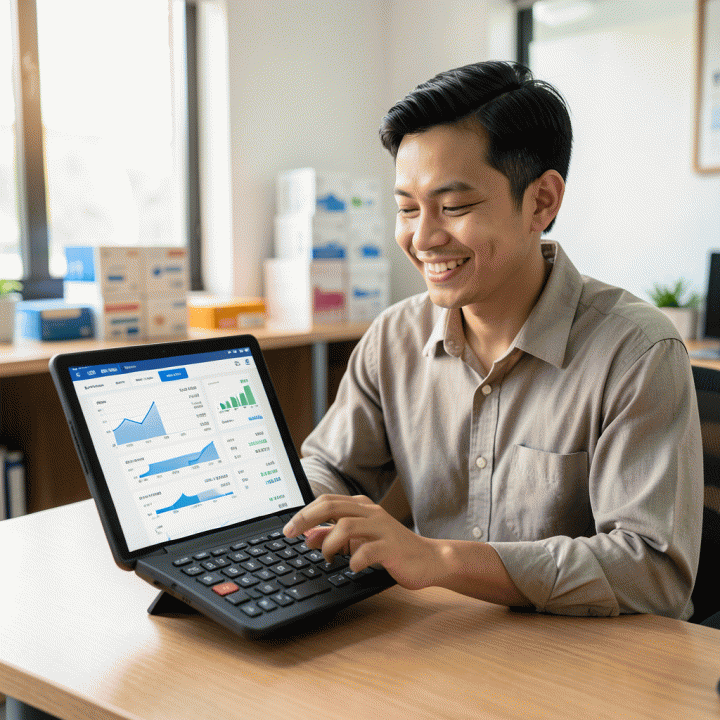 Seorang pengusaha UMKM Indonesia tersenyum di meja kayu modern, menatap perhitungan profit dan grafik pertumbuhan di layar kalkulator, menunjukkan perencanaan keuangan yang strategis dan sukses.