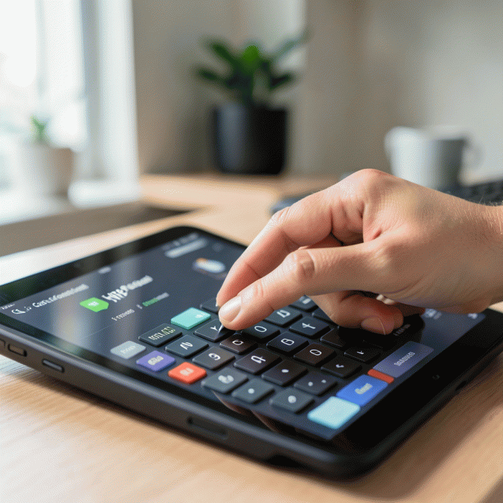 Tangan yang sedang memasukkan konsep Harga Pokok Penjualan (HPP) ke dalam antarmuka kalkulator digital pada tablet.