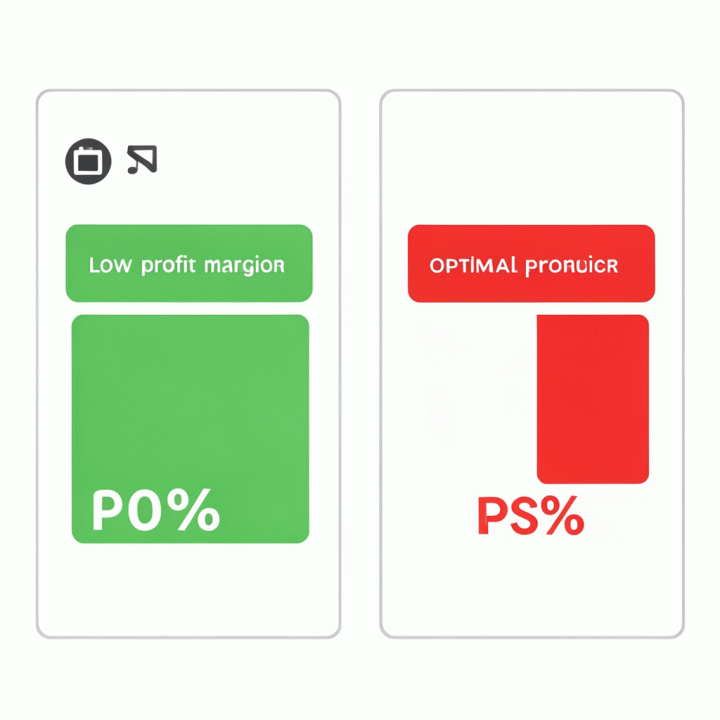 Infografis perbandingan visual antara dua skenario harga jual produk online, menunjukkan perbedaan profit margin yang optimal dan tidak optimal.