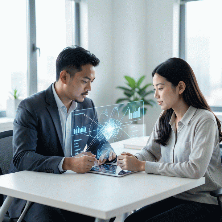 Seorang profesional muda Indonesia yang fokus melakukan tes kognitif atau asesmen di layar digital modern, melambangkan pengukuran kecerdasan dan potensi diri.